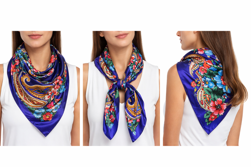 Anyyou Fashion Premium Satin Square Scarf – Big Paisley Blue Silk-Feel Neckwrap for Women