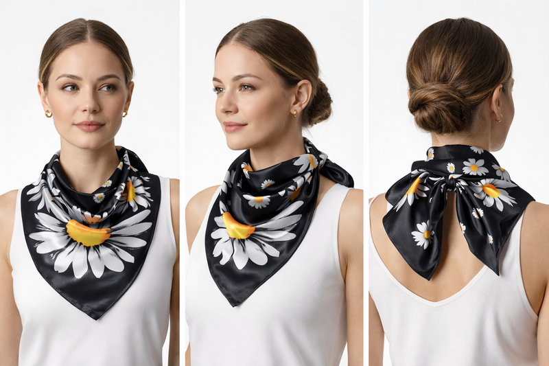 Anyyou Fashion Premium Satin Square Scarf – Daisy Black Silk-Feel Neckwrap for Women