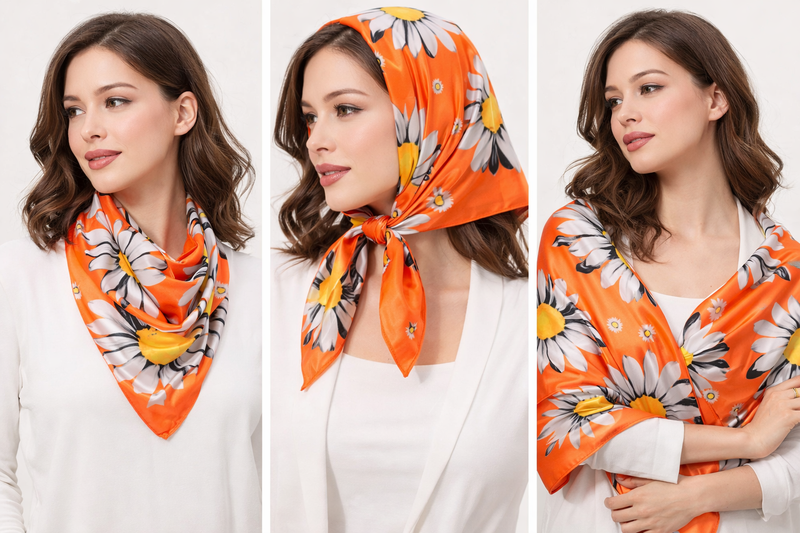 Anyyou Fashion Premium Satin Square Scarf –  Daisy Orange Floral Printed Silk-Feel Neckwrap for Women