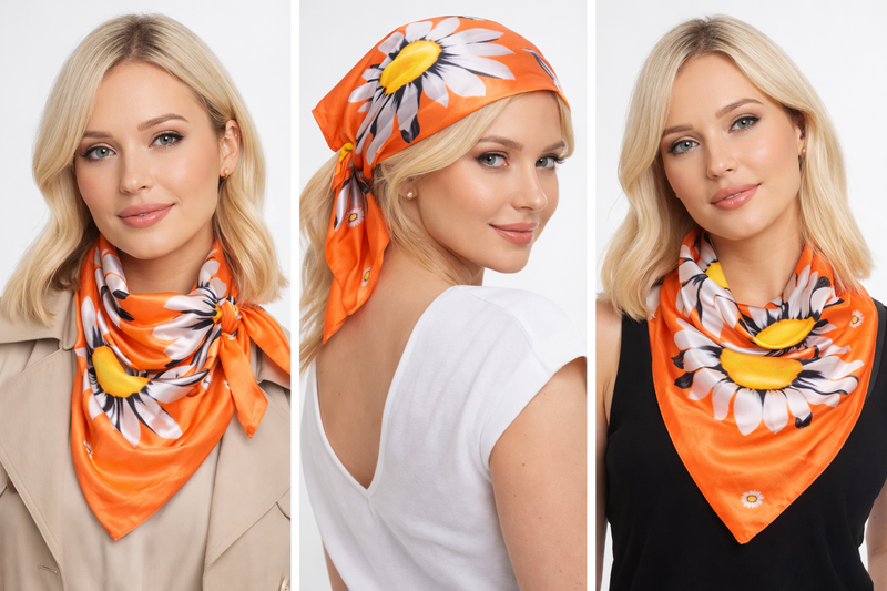Anyyou Fashion Premium Satin Square Scarf –  Daisy Orange Floral Printed Silk-Feel Neckwrap for Women