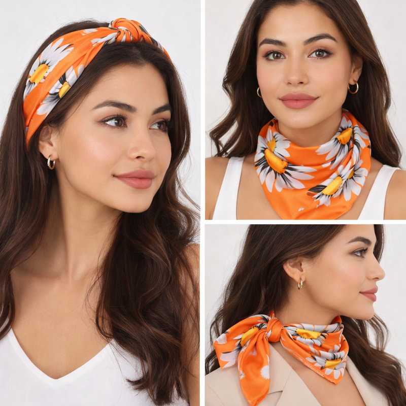 Anyyou Fashion Premium Satin Square Scarf –  Daisy Orange Floral Printed Silk-Feel Neckwrap for Women