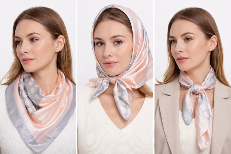 Anyyou Fashion Premium Satin Square Scarf – Grey Pink Silk-Feel Neckwrap for Women