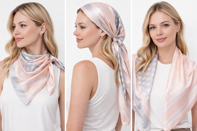 Anyyou Fashion Premium Satin Square Scarf – Grey Pink Silk-Feel Neckwrap for Women