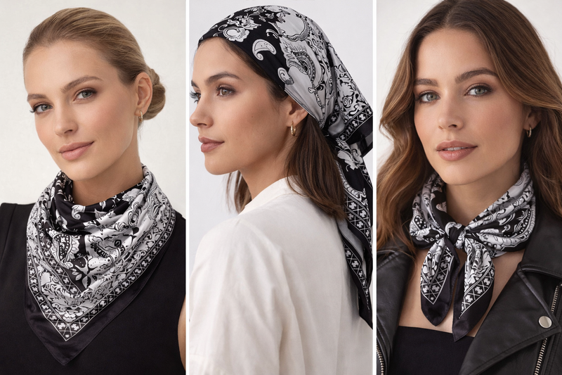 Anyyou Fashion Premium Satin Square Scarf – Black White Silk-Feel Neckwrap for Women