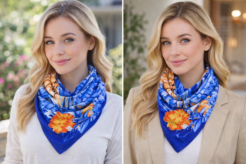 Anyyou Fashion Premium Satin Square Scarf – Romantic Floral Blue Silk-Feel Neckwrap for Women