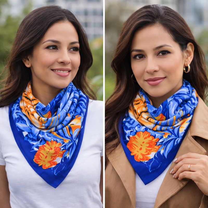 Anyyou Fashion Premium Satin Square Scarf – Romantic Floral Blue Silk-Feel Neckwrap for Women