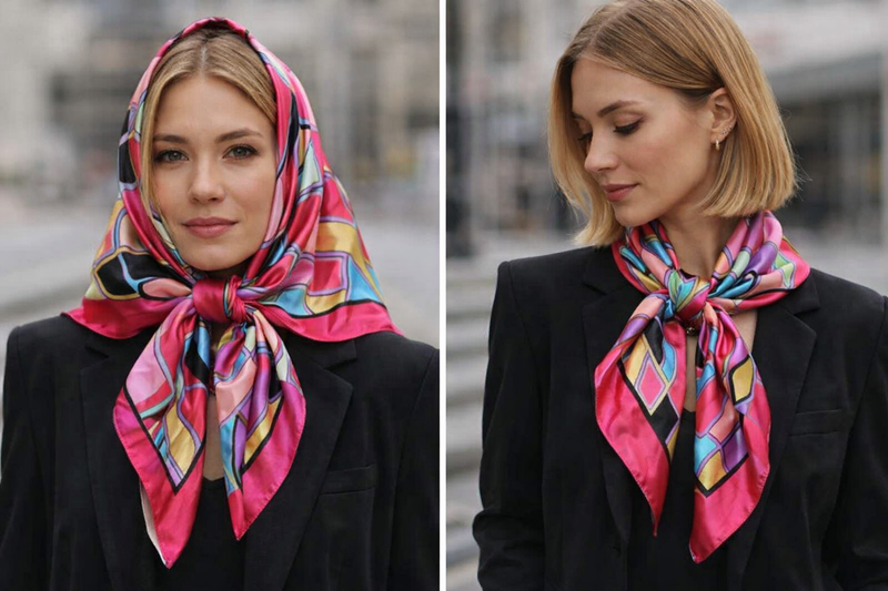 Anyyou Fashion Premium Satin Square Scarf – Pink Aqua Silk-Feel Neckwrap for Women