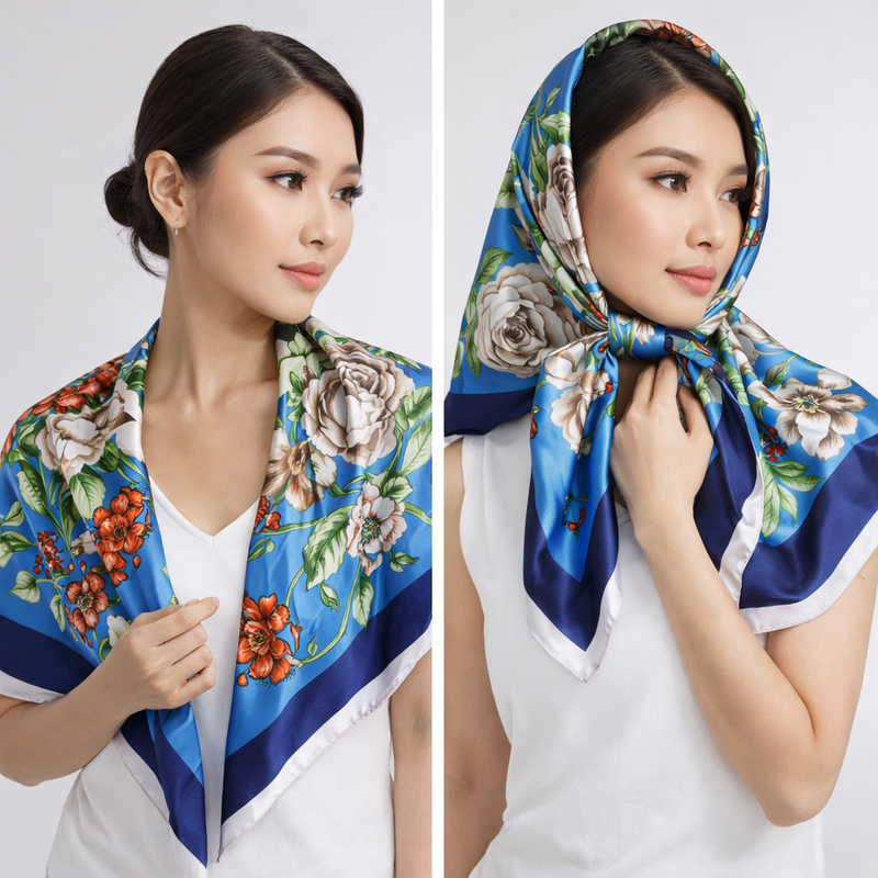Anyyou Fashion Premium Satin Square Scarf – Peony Blue Silk-Feel Neckwrap for Women