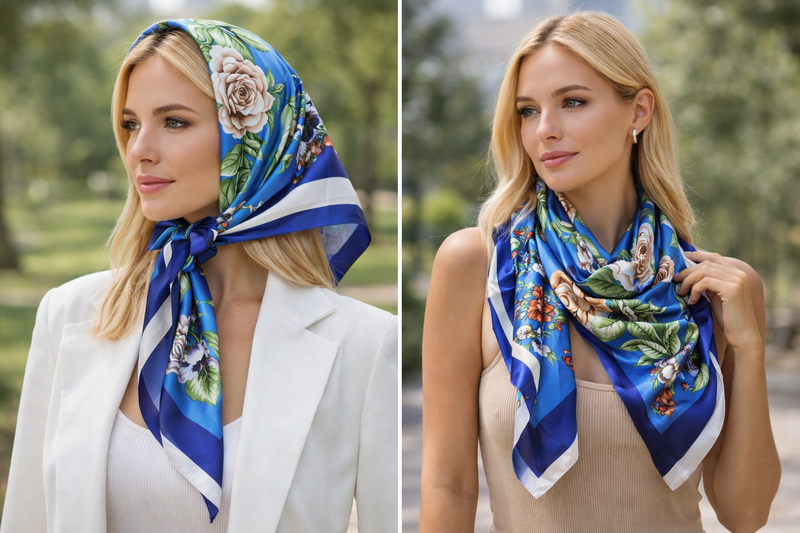 Anyyou Fashion Premium Satin Square Scarf – Peony Blue Silk-Feel Neckwrap for Women