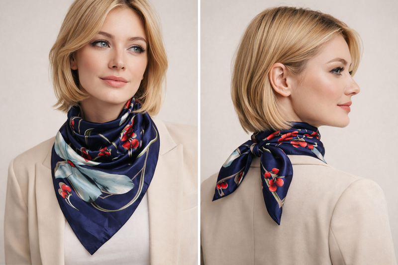 Anyyou Fashion Premium Satin Square Scarf – Navy Blue Red Silk-Feel Neckwrap for Women