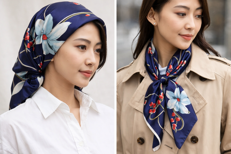 Anyyou Fashion Premium Satin Square Scarf – Navy Blue Red Silk-Feel Neckwrap for Women