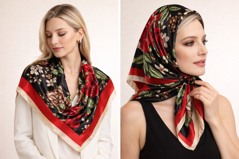 Anyyou Fashion Premium Satin Square Scarf – Peony Red Silk-Feel Neckwrap for Women