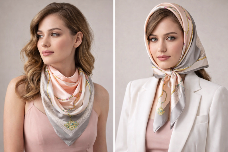 Anyyou Fashion Premium Satin Square Scarf – Grey Pink Silk-Feel Neckwrap for Women