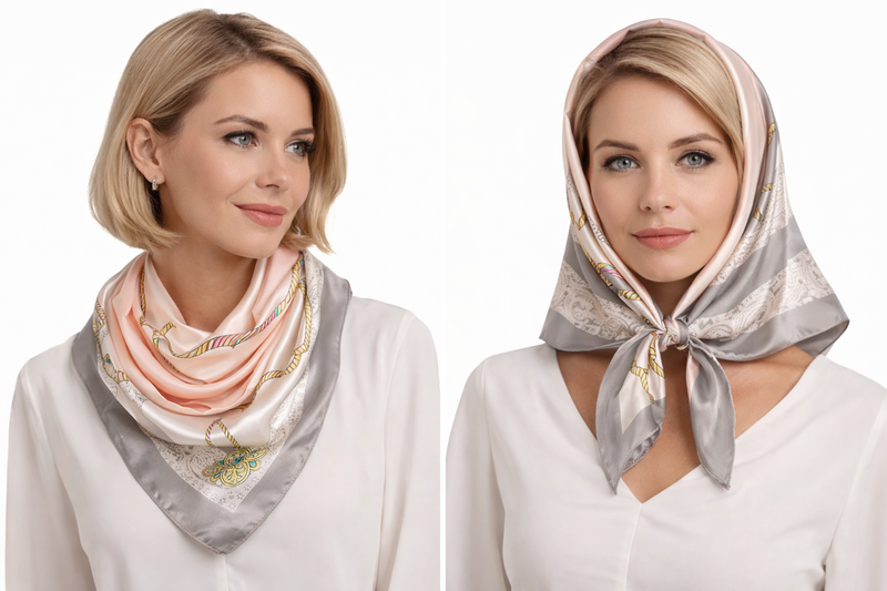 Anyyou Fashion Premium Satin Square Scarf – Grey Pink Silk-Feel Neckwrap for Women