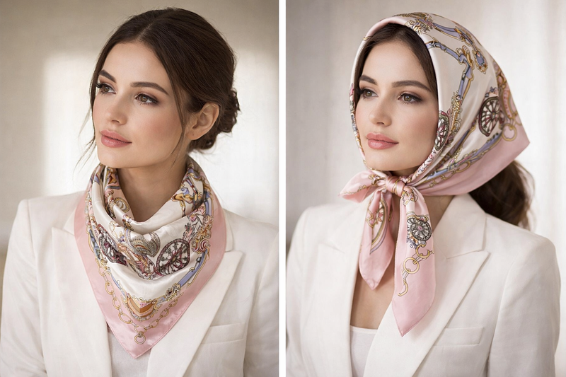 Anyyou Fashion Premium Satin Square Scarf – White Pink Silk-Feel Neckwrap for Women