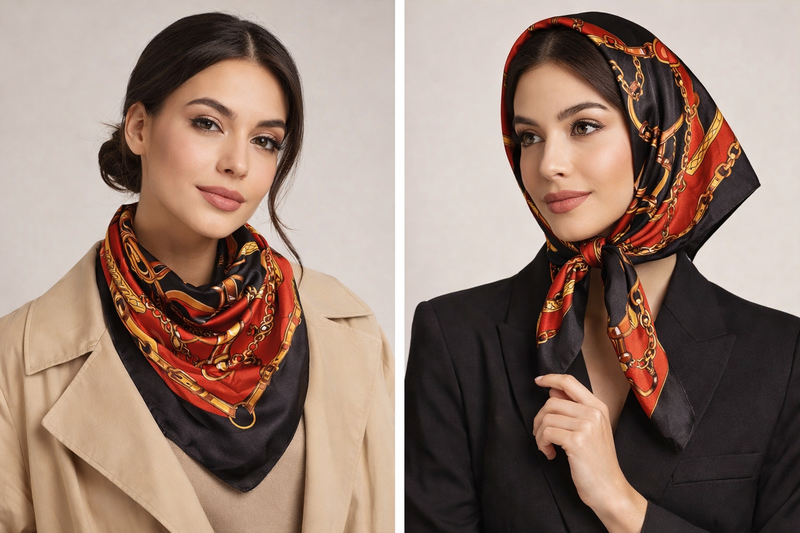Anyyou Fashion Premium Satin Square Scarf – Black Red Elegant Silk-Feel Neckwrap for Women