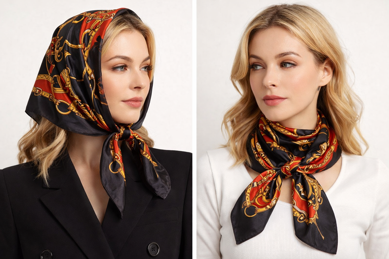 Anyyou Fashion Premium Satin Square Scarf – Black Red Elegant Silk-Feel Neckwrap for Women