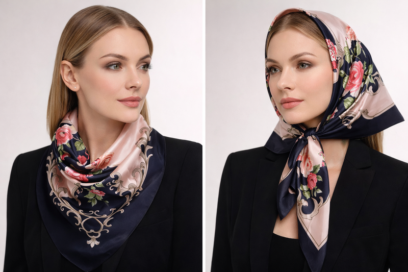 Anyyou Fashion Premium Satin Square Scarf – Navy Blue Pink Silk-Feel Neckwrap for Women