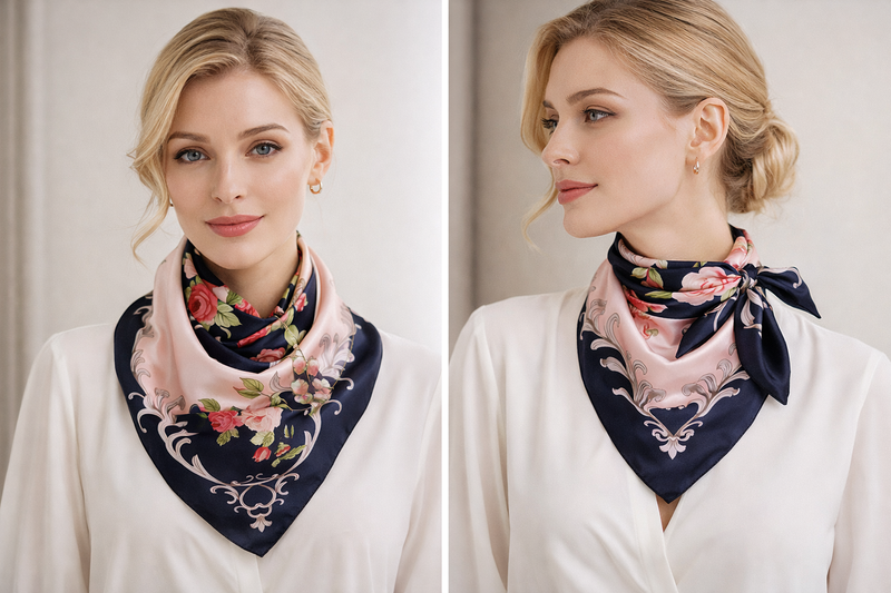 Anyyou Fashion Premium Satin Square Scarf – Navy Blue Pink Silk-Feel Neckwrap for Women