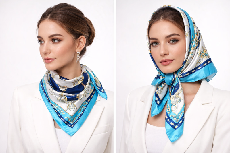Anyyou Fashion Premium Satin Square Scarf – Elegant Lake Blue Silk-Feel Neckwrap for Women