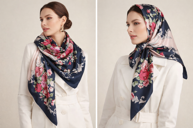 Anyyou Fashion Premium Satin Square Scarf – Navy Blue Garadon Silk-Feel Neckwrap for Women