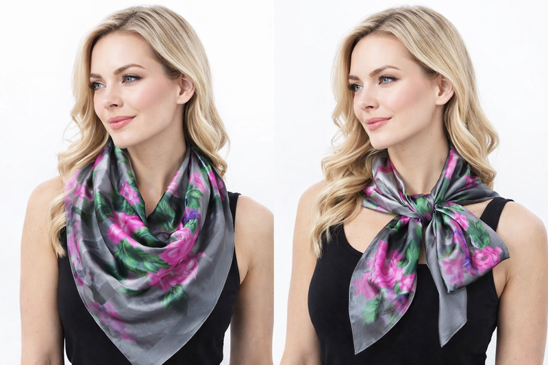 Anyyou Fashion Premium Satin Square Scarf – Grey Pink Satin Print Silk-Feel Neckwrap for Women