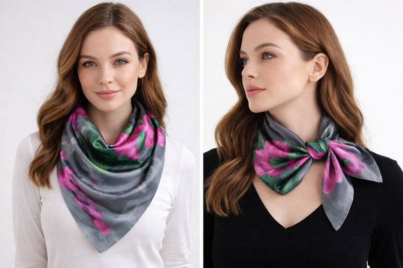 Anyyou Fashion Premium Satin Square Scarf – Grey Pink Satin Print Silk-Feel Neckwrap for Women