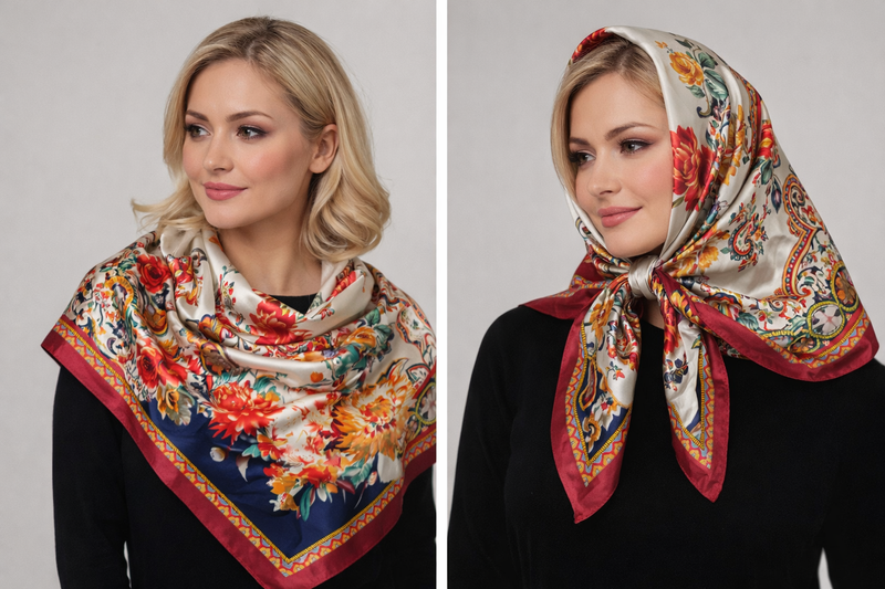 Anyyou Fashion Premium Satin Square Scarf – Red Beige Silk-Feel Neckwrap for Women