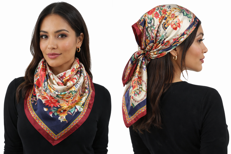 Anyyou Fashion Premium Satin Square Scarf – Red Beige Silk-Feel Neckwrap for Women