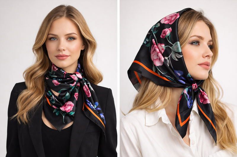 Anyyou Fashion Premium Satin Square Scarf – Black Pink Silk-Feel Neckwrap for Women