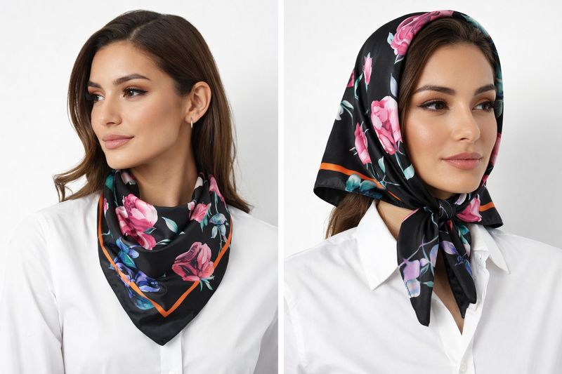 Anyyou Fashion Premium Satin Square Scarf – Black Pink Silk-Feel Neckwrap for Women