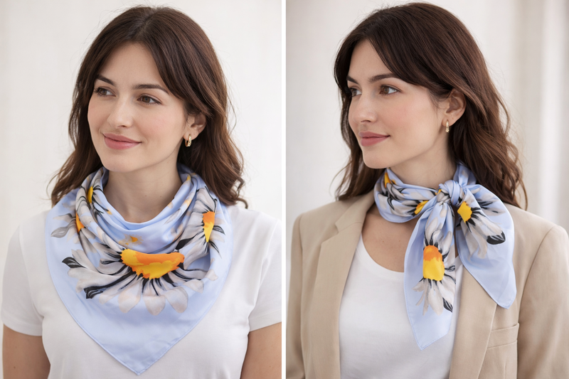 Anyyou Fashion Premium Satin Square Scarf – Blue Daisy Silk-Feel Neckwrap for Women