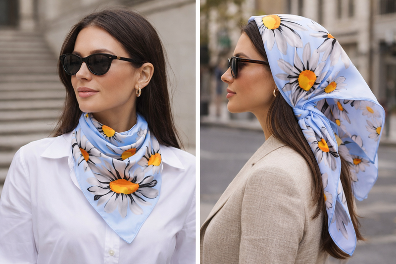 Anyyou Fashion Premium Satin Square Scarf – Blue Daisy Silk-Feel Neckwrap for Women