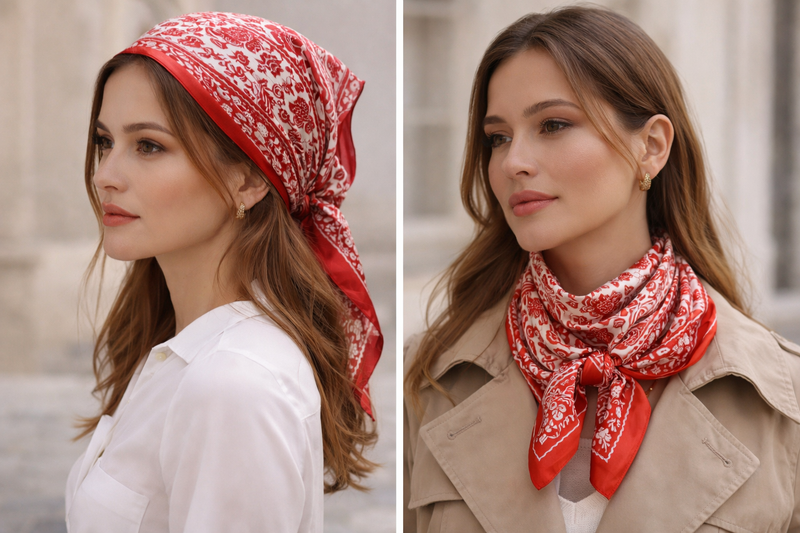 Anyyou Fashion Premium Satin Square Scarf – Red Beige Print Silk-Feel Neckwrap for Women