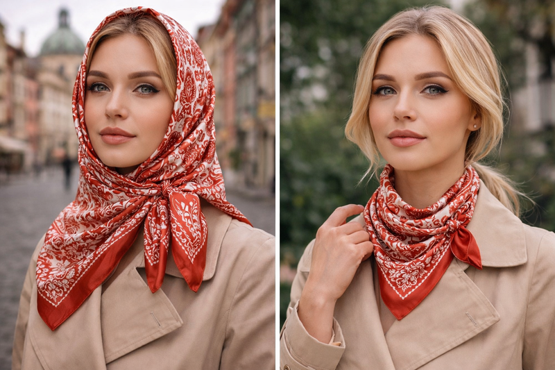 Anyyou Fashion Premium Satin Square Scarf – Red Beige Print Silk-Feel Neckwrap for Women