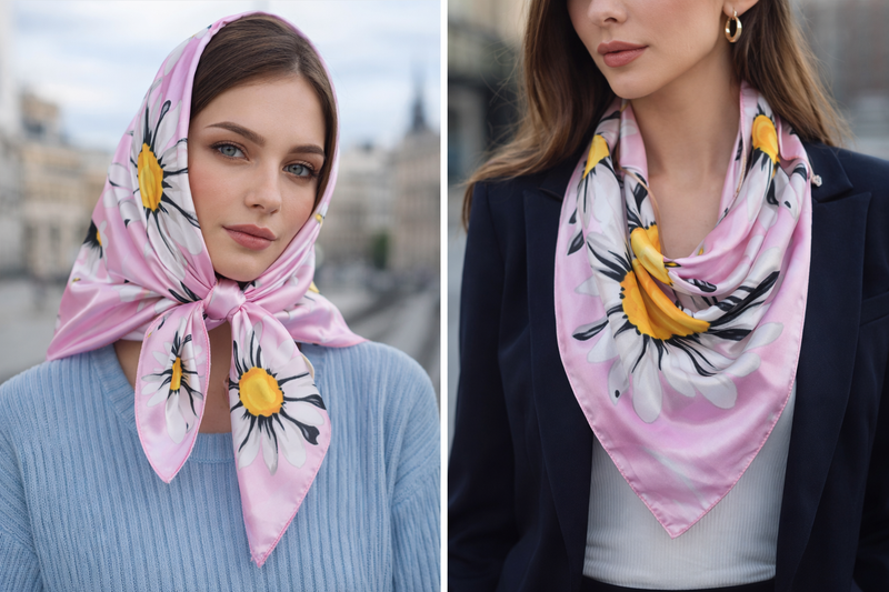 Anyyou Fashion Premium Satin Square Scarf – Daisy Pink Silk-Feel Neckwrap for Women
