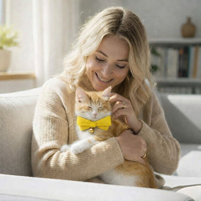 Anypet Stylish Yellow Bow Cat Collar – Large Size with Safety Buckle, Bell & Durable Strap