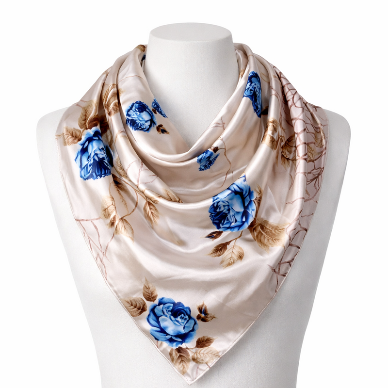 Anyyou Fashion Premium Satin Square Scarf – Grey Blue Roses Silk-Feel Neckwrap for Women