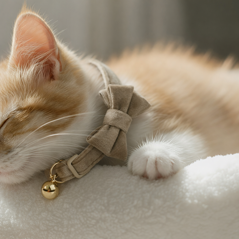 Anypet Stylish Beige Cat Bow Collar – Large Size with Safety Buckle, Bell & Durable Strap