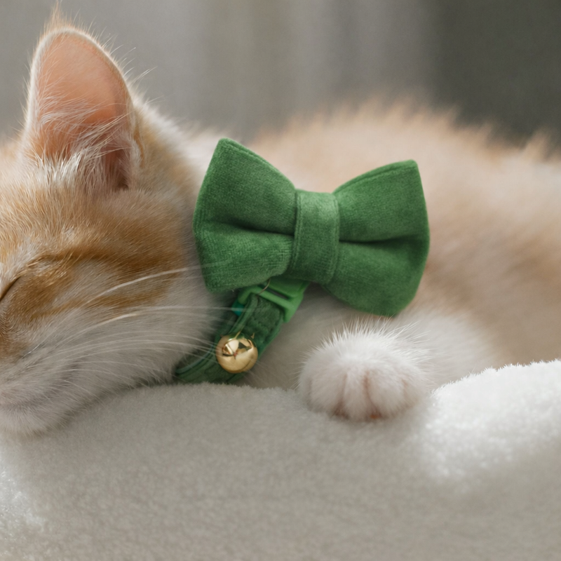 Anypet Stylish Dark Green Bow Cat Collar – Large Size with Safety Buckle, Bell & Durable Strap