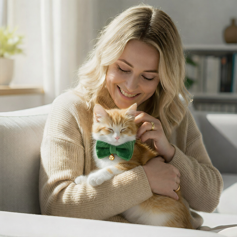 Anypet Stylish Dark Green Bow Cat Collar – Large Size with Safety Buckle, Bell & Durable Strap