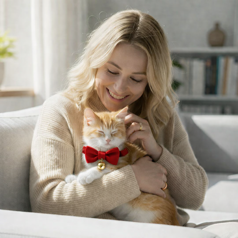 Anypet Stylish Cherry Red Bow Cat Collar – Large Size with Safety Buckle, Bell & Durable Strap