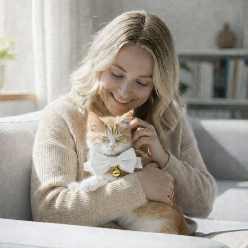 Anypet Stylish Pure White Bow Cat Collar – Large Size with Safety Buckle, Bell & Durable Strap