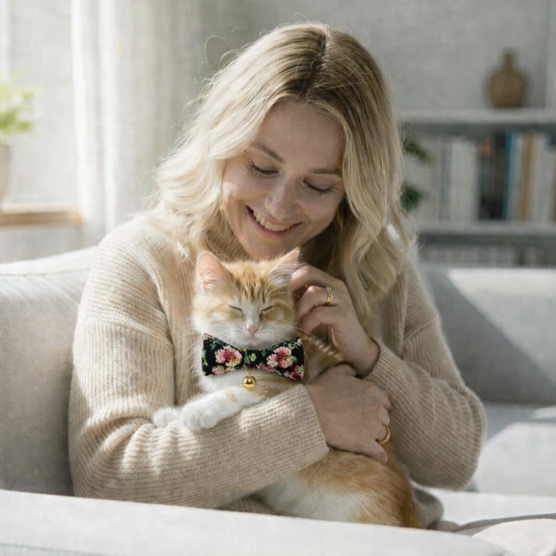 Anypet Stylish Floral Black Bow Cat Collar – Large Size with Safety Buckle, Bell & Durable Strap