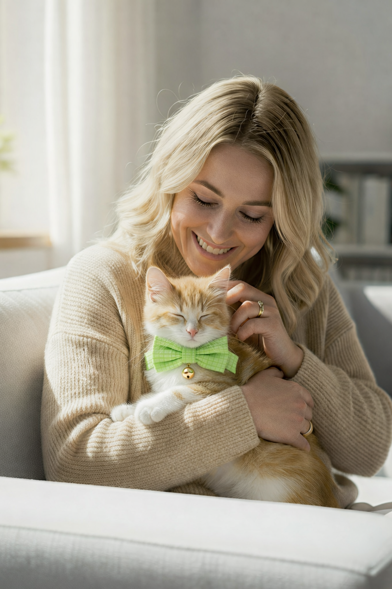Anypet Stylish Neon Green Bow Cat Collar – Large Size with Safety Buckle, Bell & Durable Strap