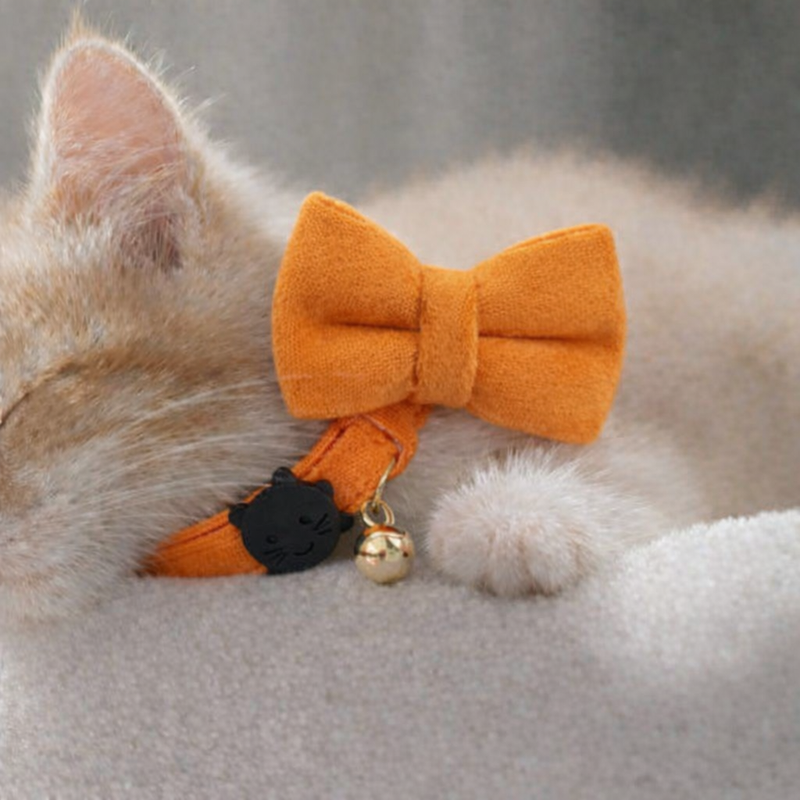 Anypet Stylish Sunset Orange Bow Cat Collar – Small Size with Safety Buckle, Bell & Durable Strap