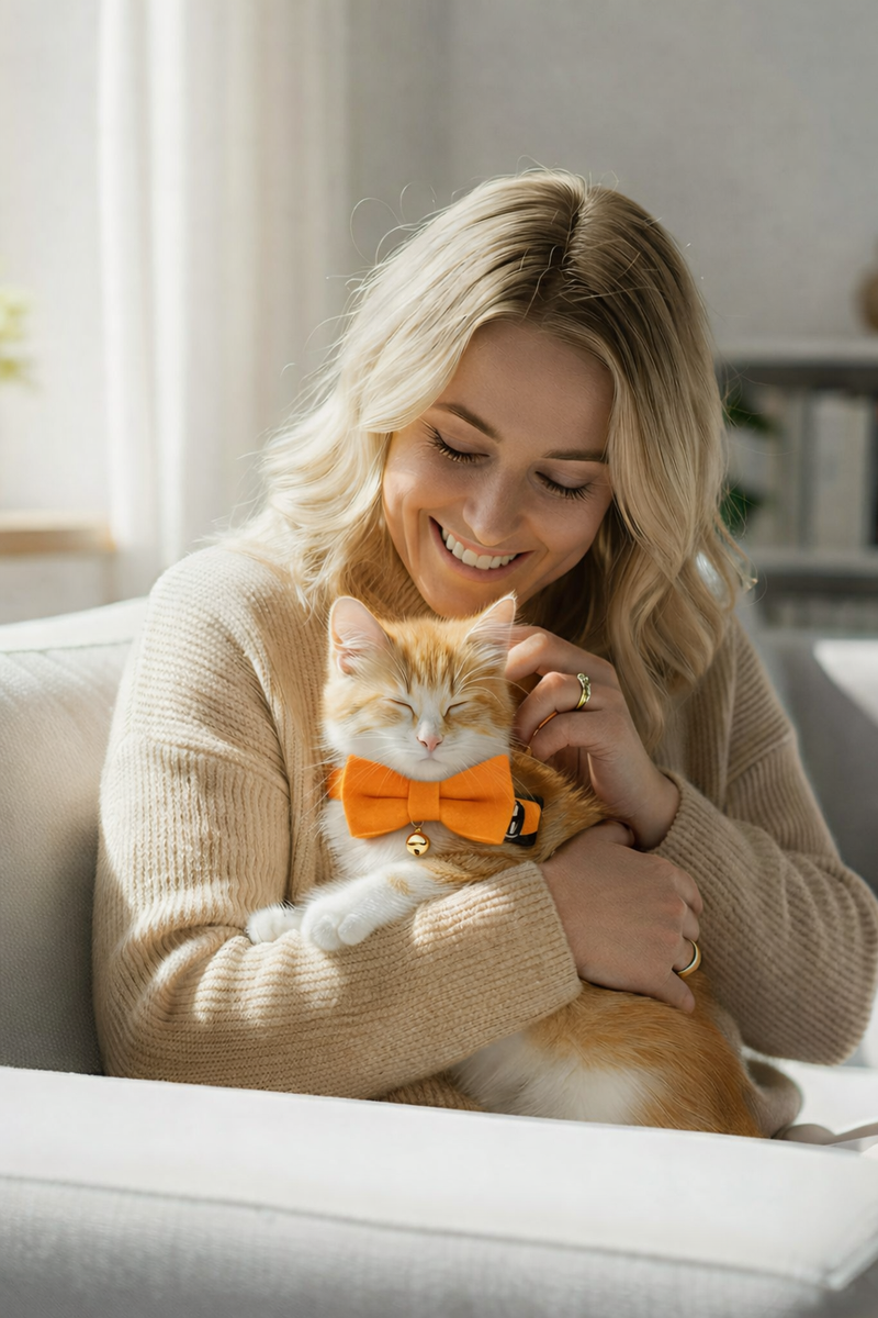 Anypet Stylish Sunset Orange Bow Cat Collar – Large Size with Safety Buckle, Bell & Durable Strap