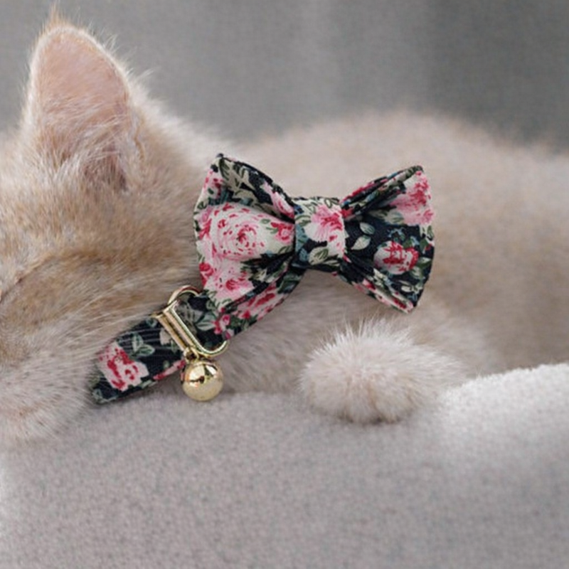 Anypet Stylish Floral Black Bow Cat Collar – Large Size with Safety Buckle, Bell & Durable Strap