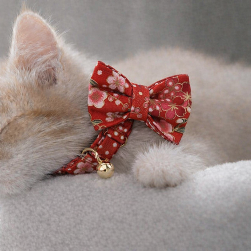 Anypet Stylish Floral Red Bow Cat Collar - Large Size with Safety Buckle, Bell & Durable Strap