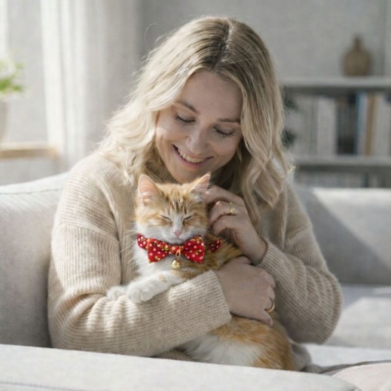 Anypet Stylish Floral Red Bow Cat Collar - Large Size with Safety Buckle, Bell & Durable Strap